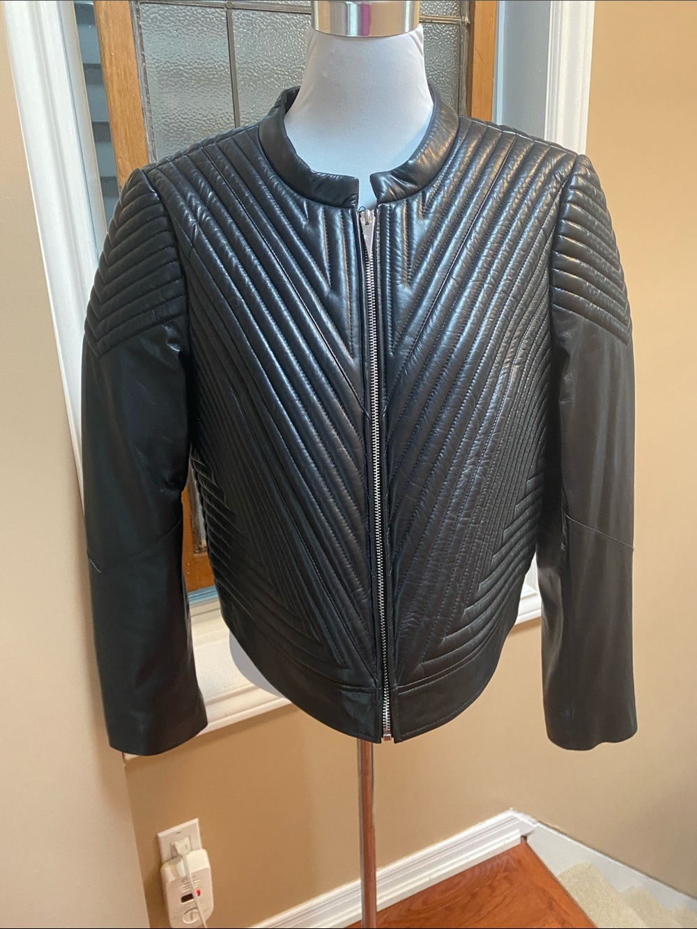 Vince Camuto Black Quilted Leather Zip Bomber Jacket. NWOT